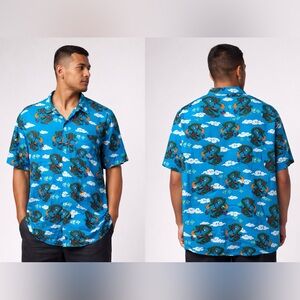 Empyre Dragon Print Button Up Shirt XL Blue Short Sleeve Graphic Skate